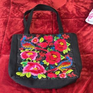 Embroidered Floral Black Tote Bag